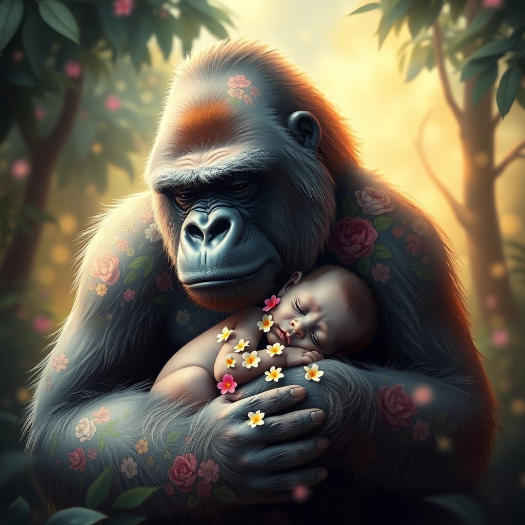 Gentle Gorilla Tenderly Holds Sleeping Baby Amidst Lush Jung...