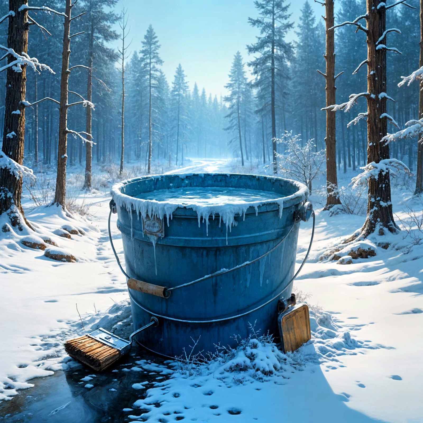 Surreal Scene of Paint Bucket Reveal: Hyper-Realistic Snowy....