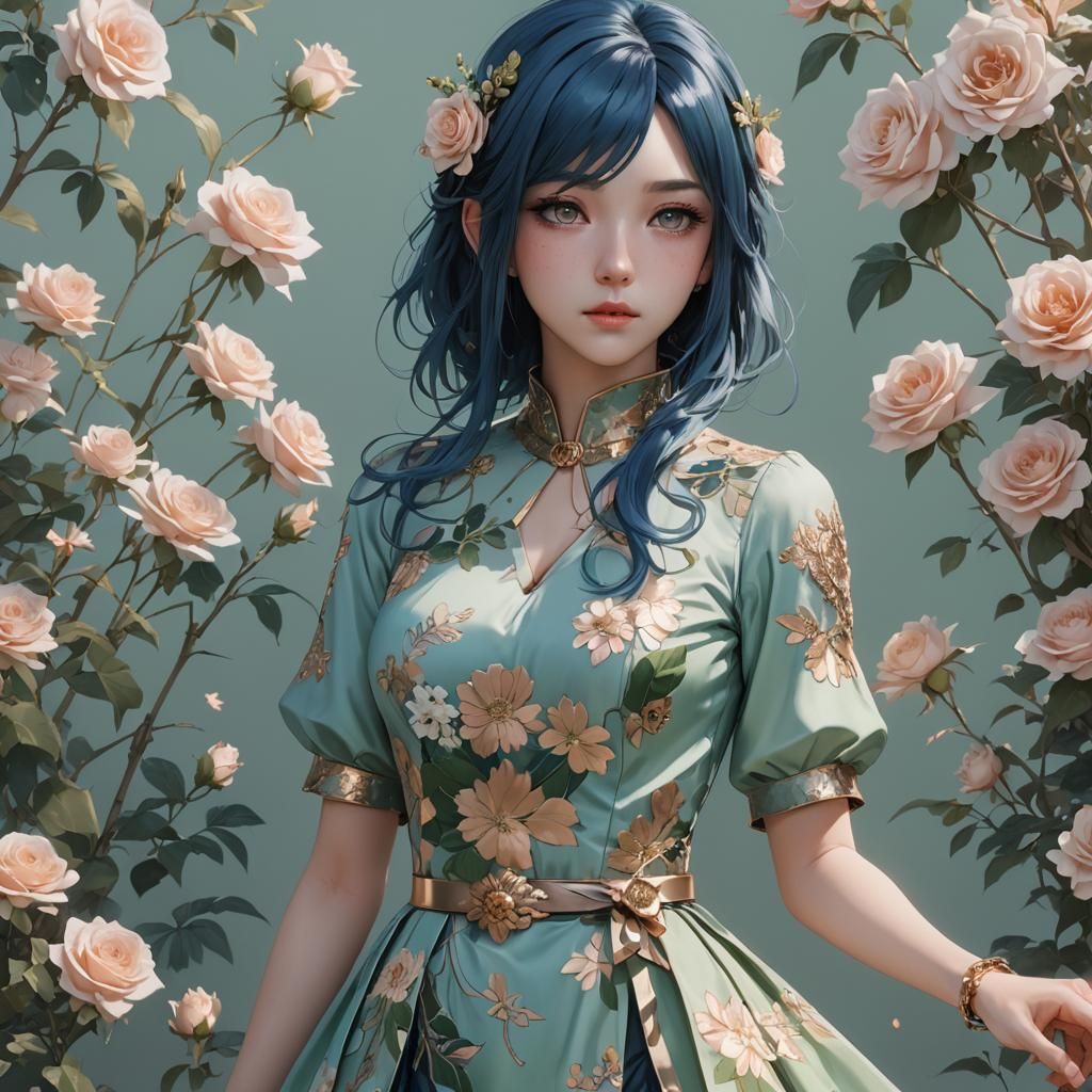 Anime Style Woman with Blue Hair and Floral Dress