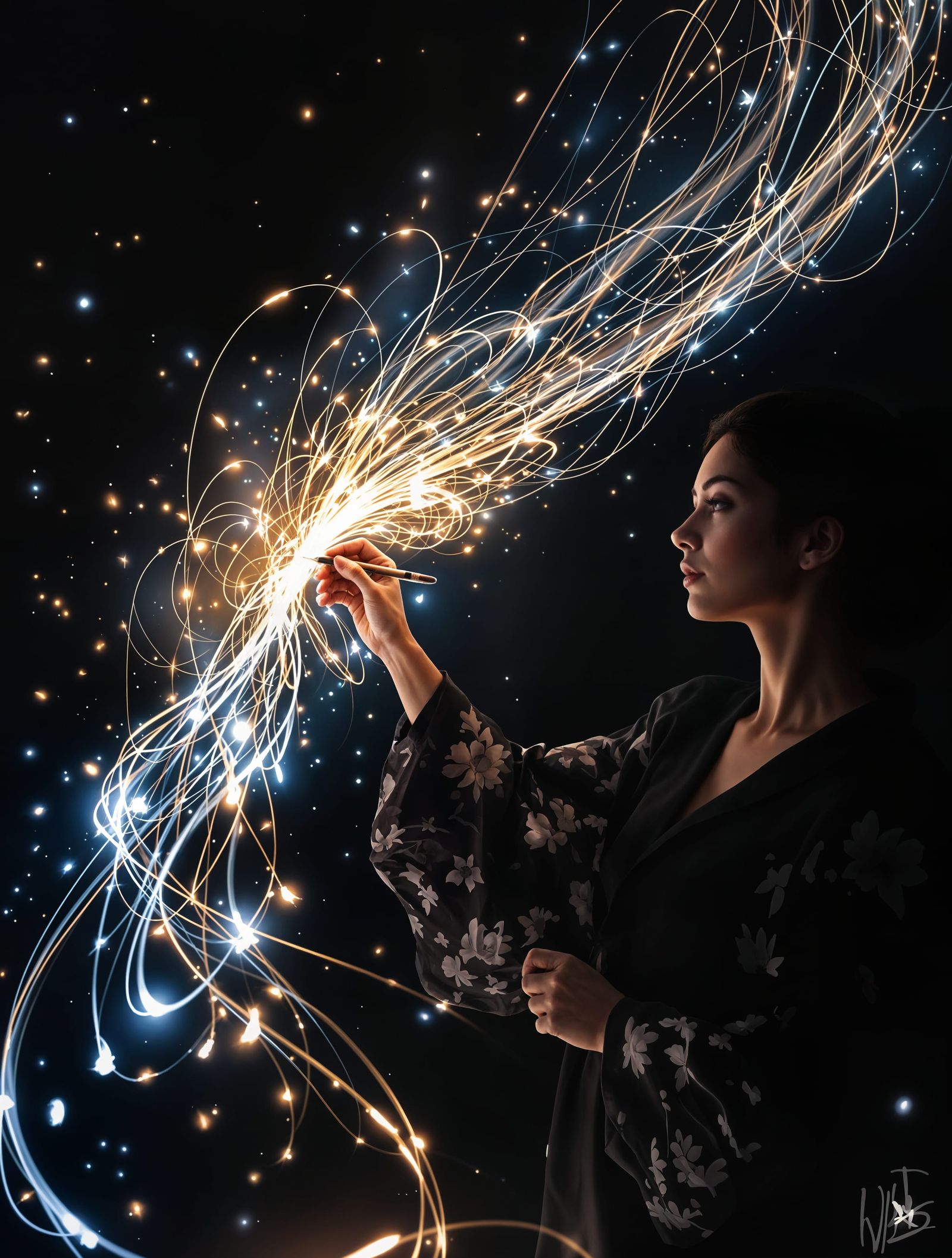 Ethereal Calligrapher Writes with Glowing Light in Darkened ...