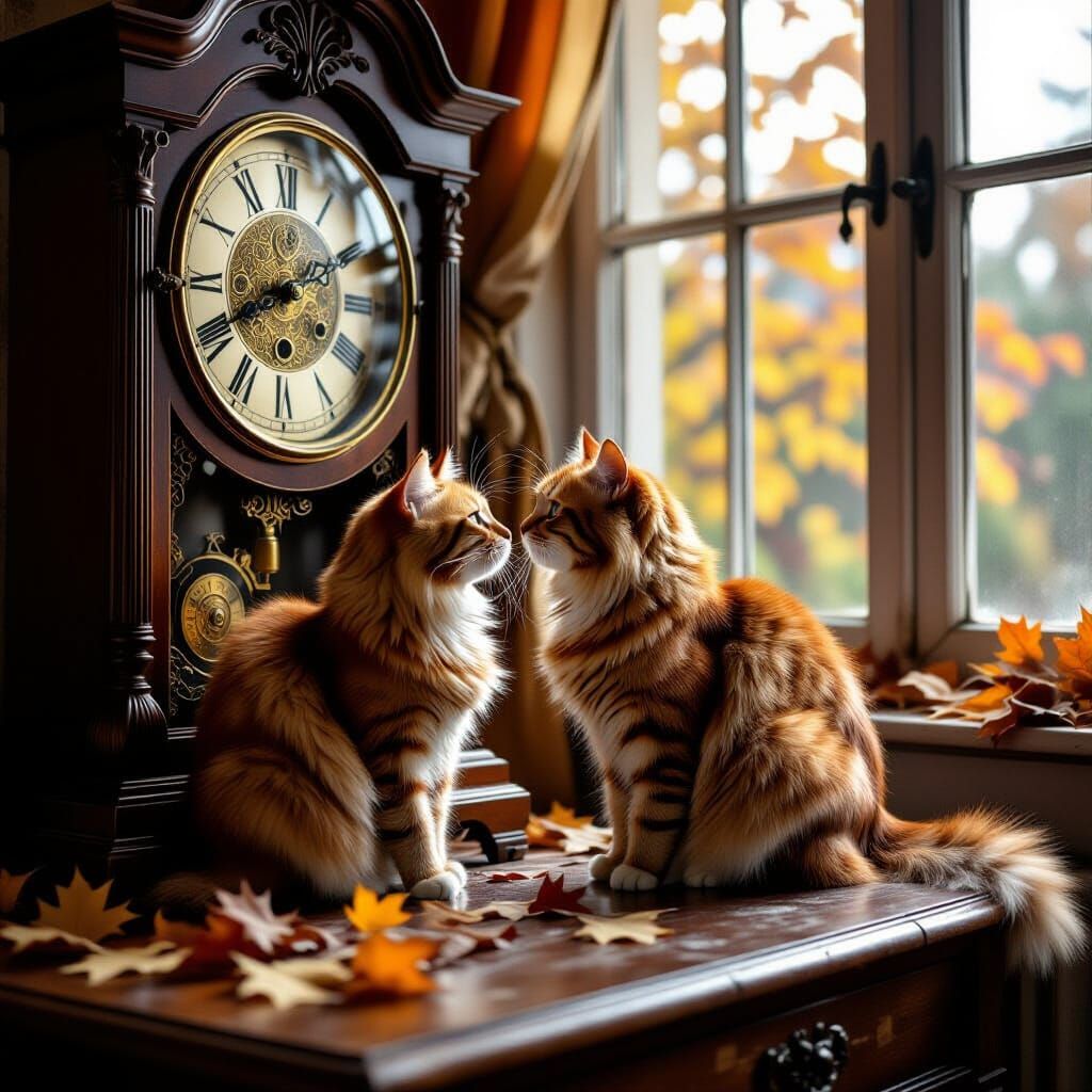 Ginger Cat Sniffs Grandfather Clock Amidst Autumn Leaves