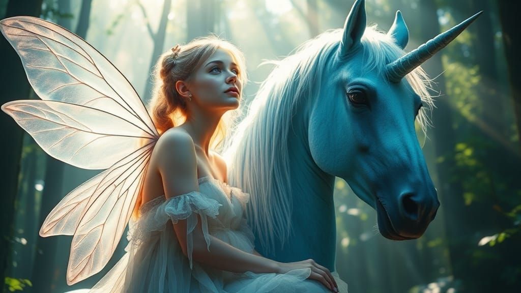 Fairy and Blue Unicorn in Ethereal Forest