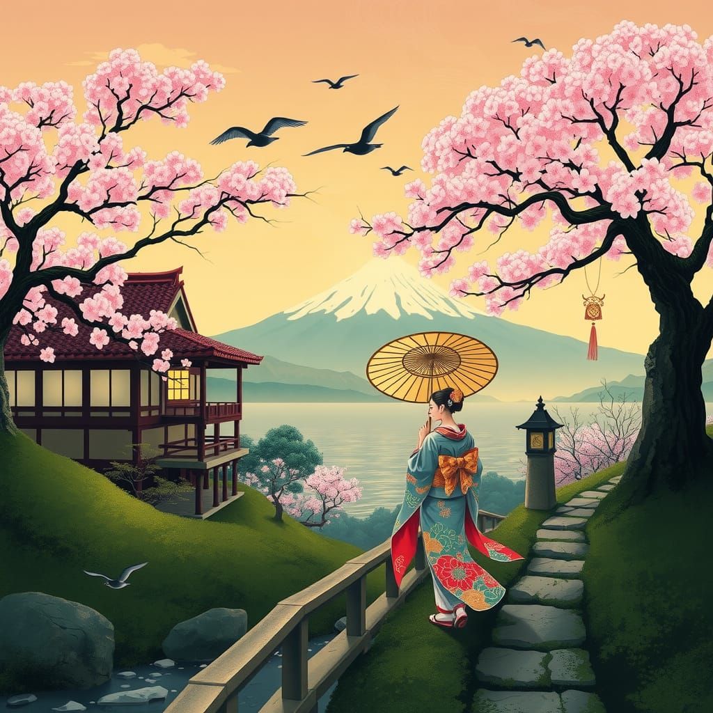 Geisha at Dusk in Ukiyo-e Style Landscape