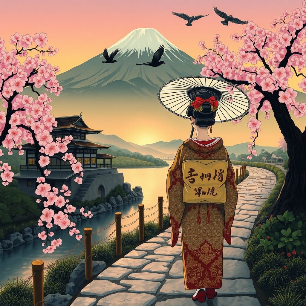 Japanese Geisha at Dusk: Ukiyo-e Woodblock Print