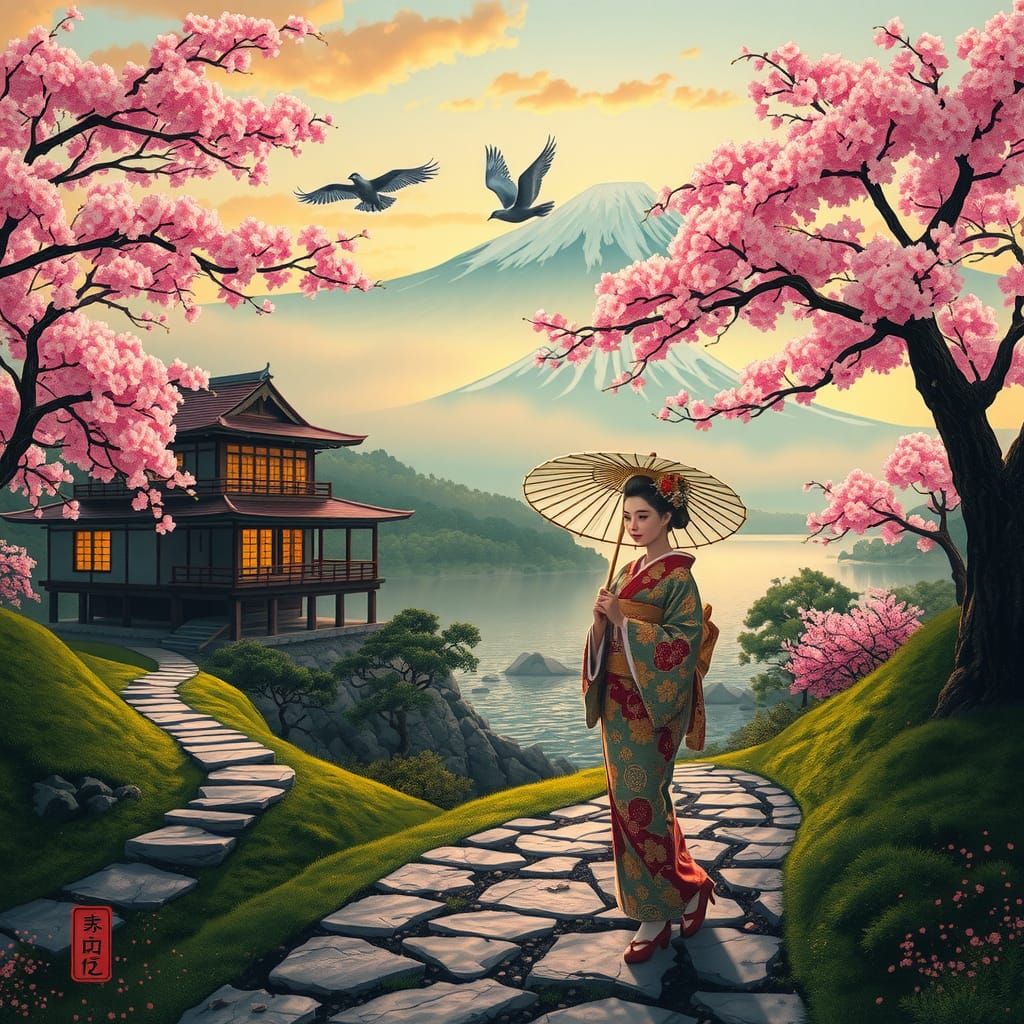 Geisha at Dusk: Blossoms in Ukiyo-e Style