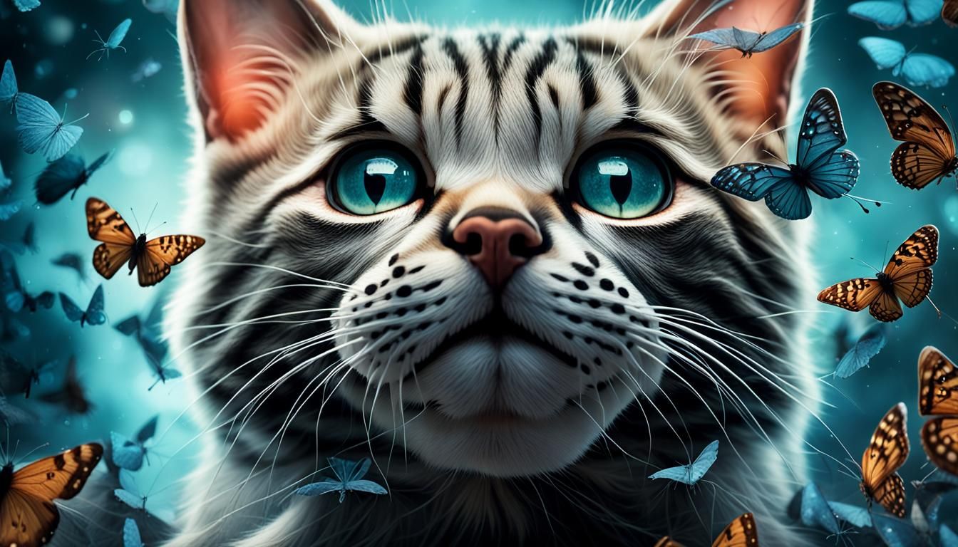 Inquisitive Kitten Plays with Butterflies: Hyperrealistic 3D