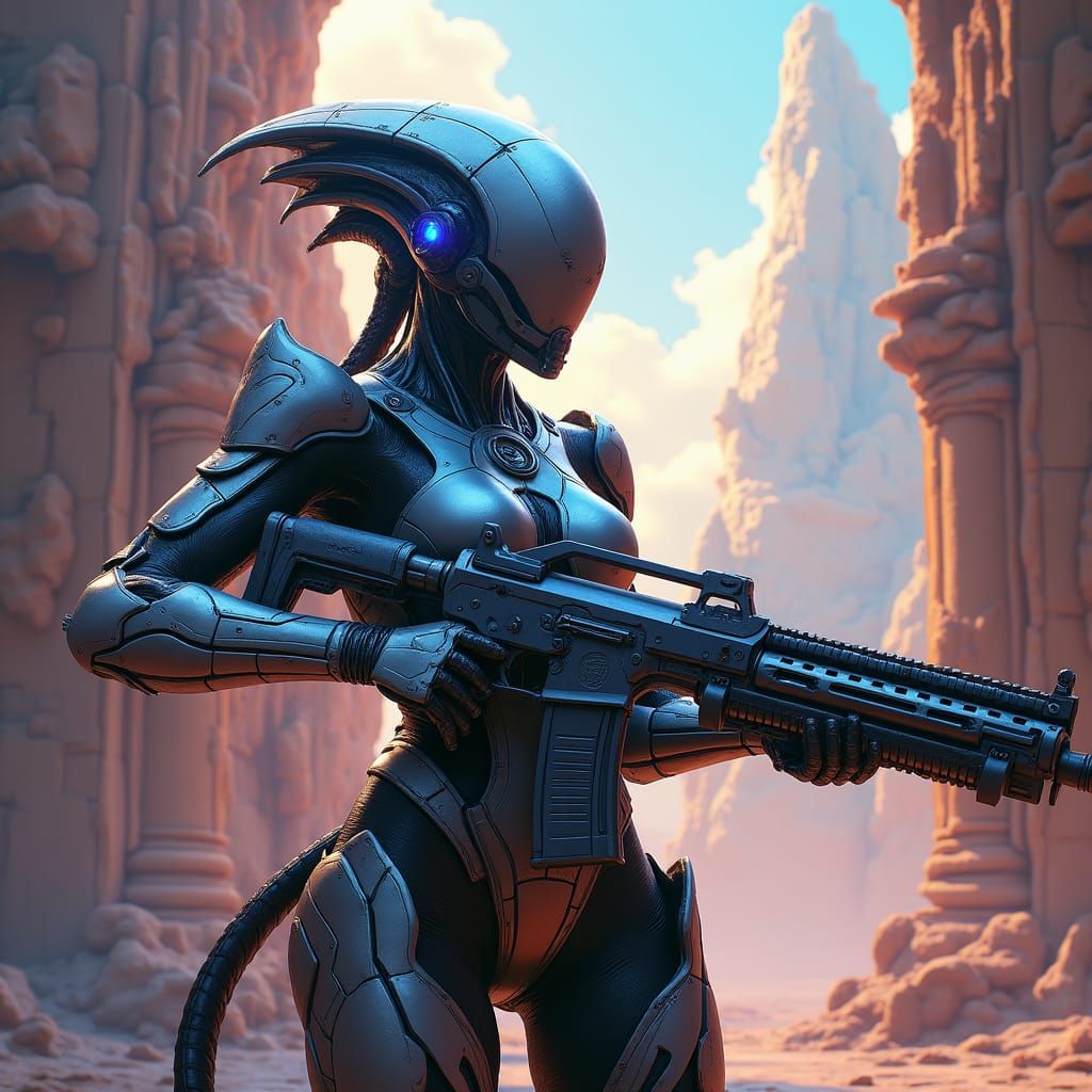Alien Warrior with Futuristic Rifle in Matte Painting Style