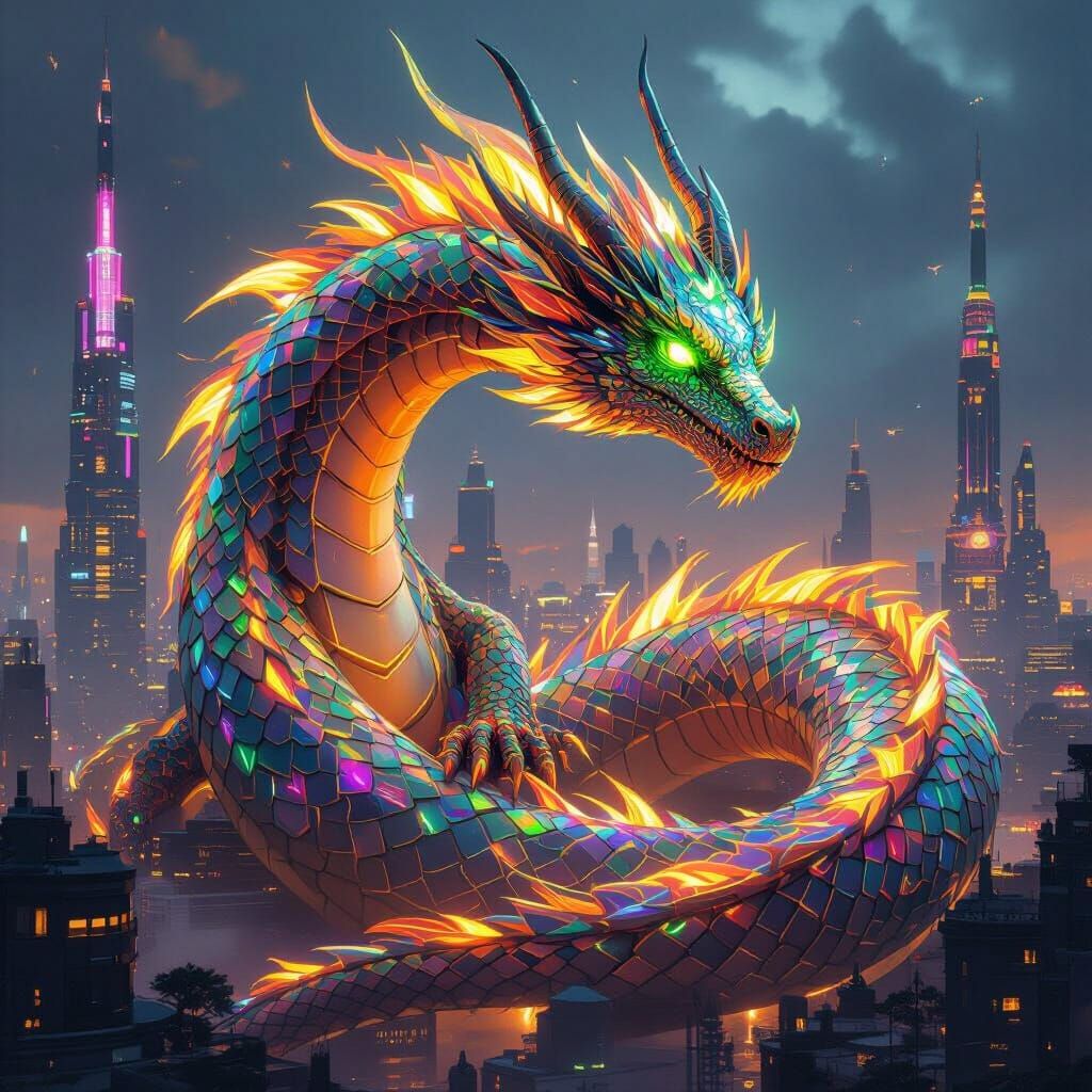 Bioluminescent Dragon Protects Futuristic Cityscape