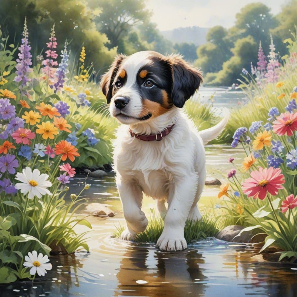 Puppy in a Sunlit River Garden: Watercolor Fine Art