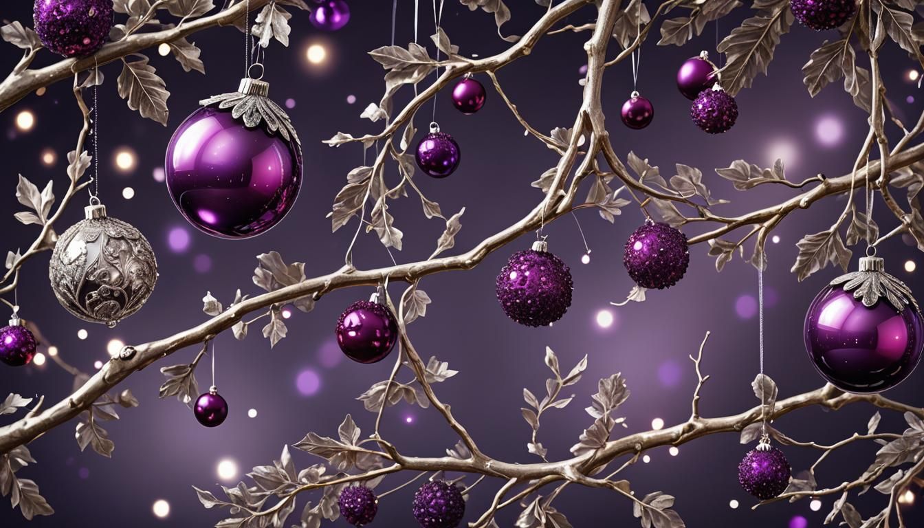Ornate Christmas Baubles in Baroque Style on Purple