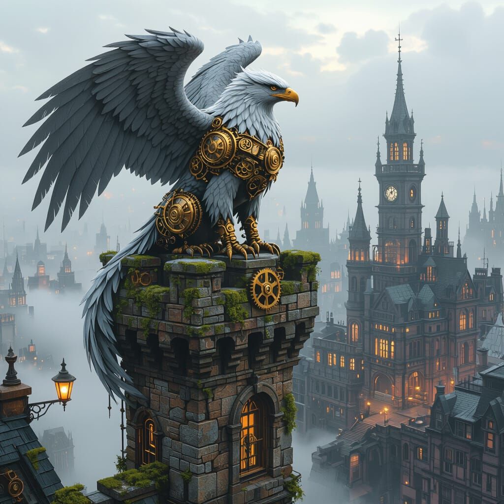 Steampunk Griffin on Tower Above Cyberpunk City