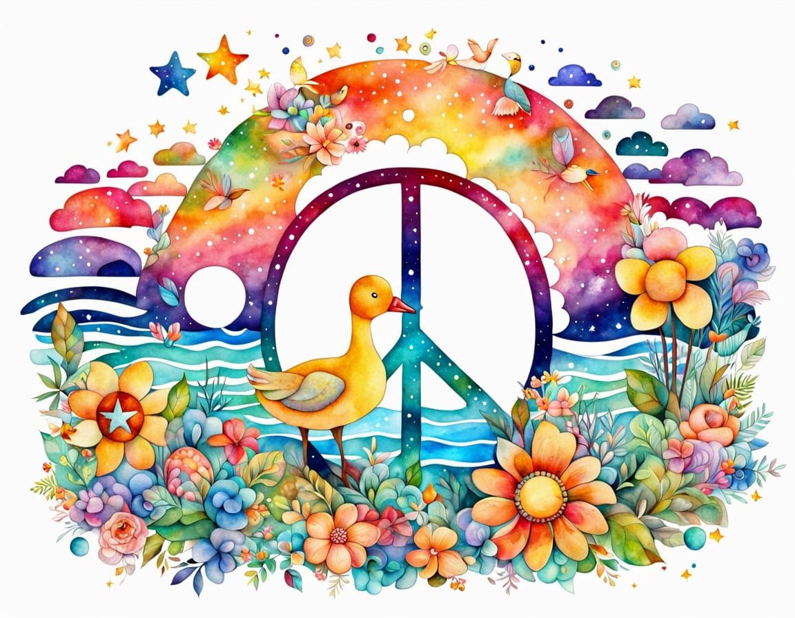 Surreal Hippie Landscape in Aquarelle Patchwork Style