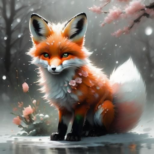 Adorable Rainbow Fox Cub in Winter Wonderland