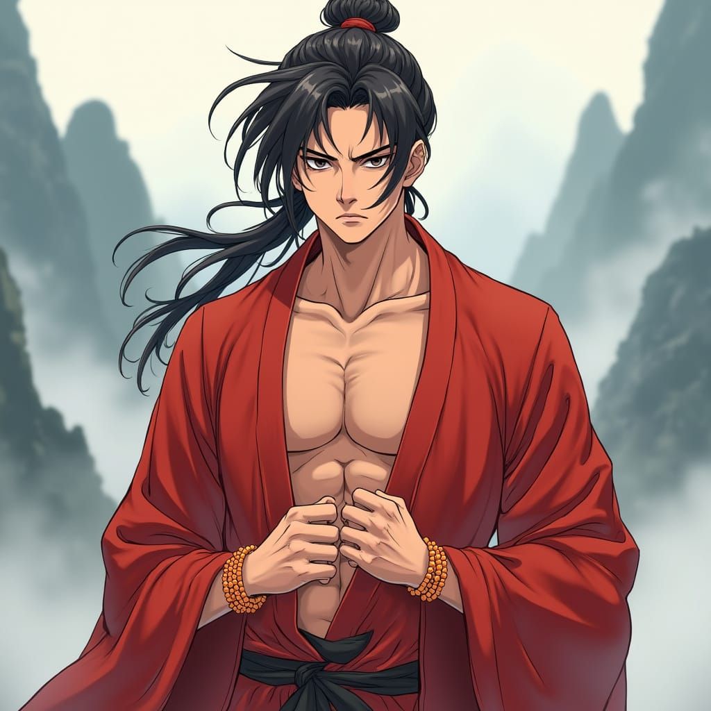 Vibrant Anime-Inspired Young Warrior in Red Chinese Robes