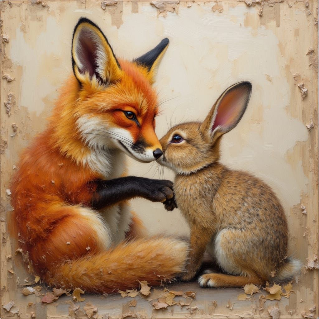 Red Fox and Rabbit in Textured Impasto Oil Painting