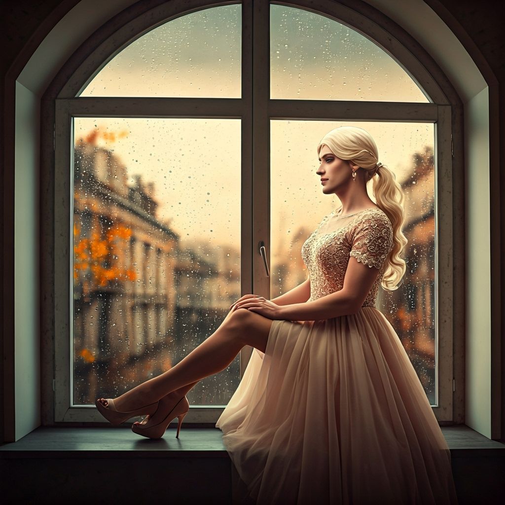 Crossdressing Teen in Girly Minidress by Autumn City Window