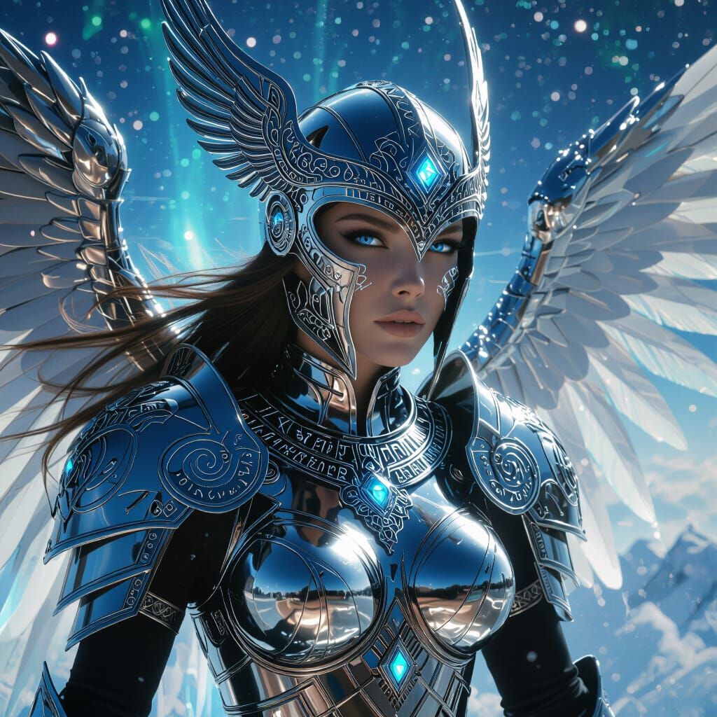 Valkyrie in Chrome Armor Soaring in Celestial Sky
