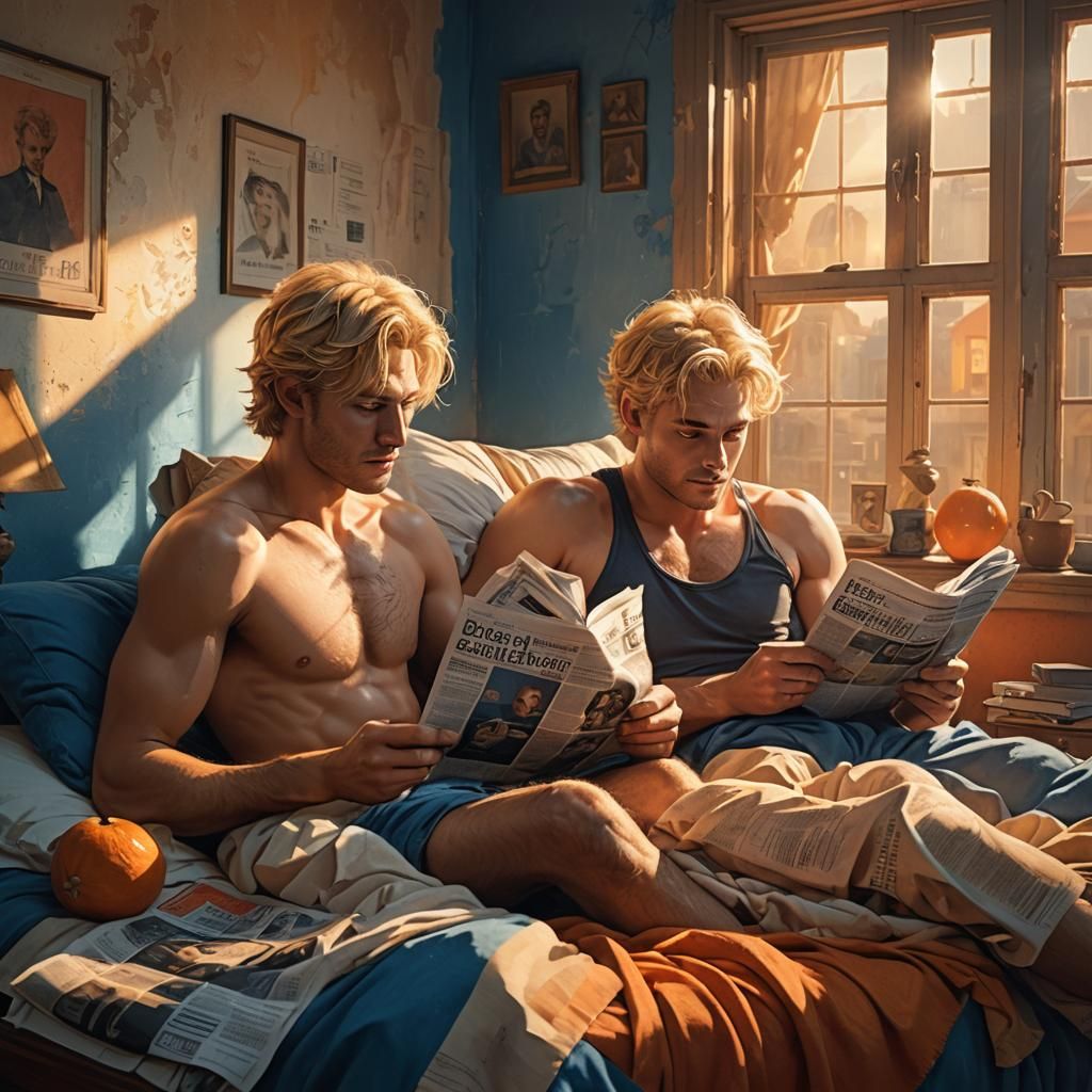 Men Reading in Bed with Cat, Digital Matte Painting