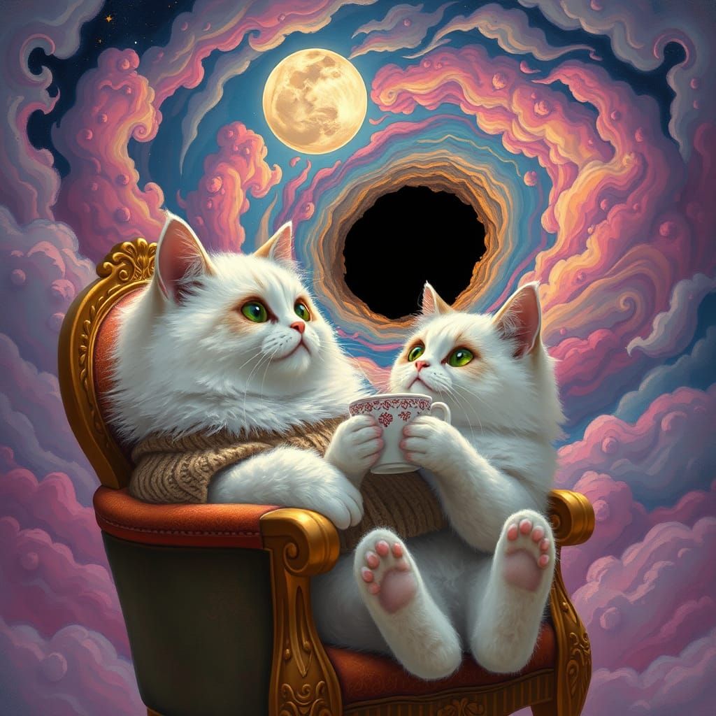Cat in Armchair Gazing at Black Hole, Gouache Style