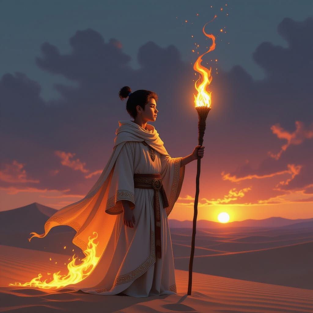 Emissary of Fire at Dawn, Desert Sunrise Fantasy Art