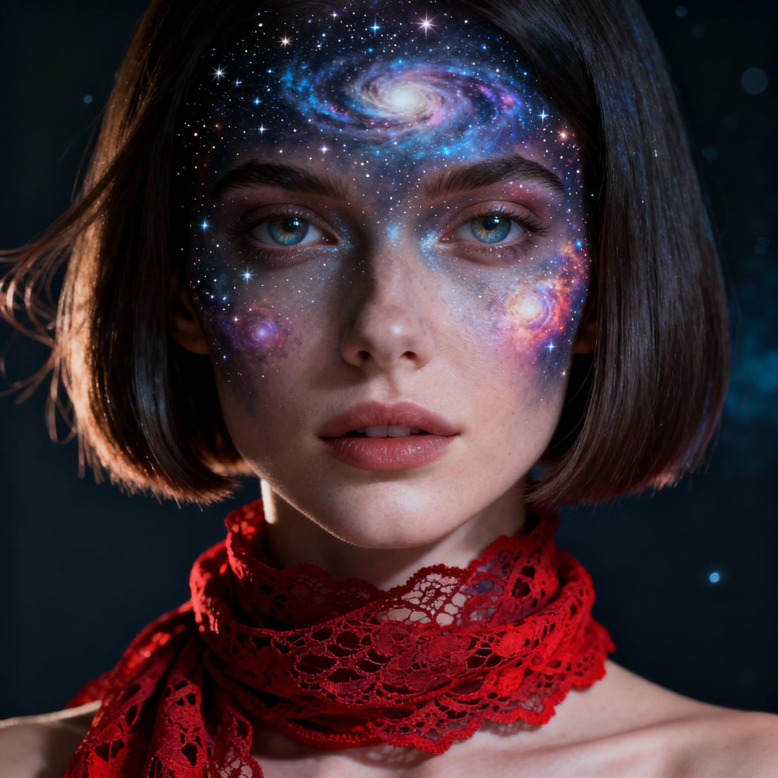 Cosmic Woman With Starry Skin and Lace Scarf