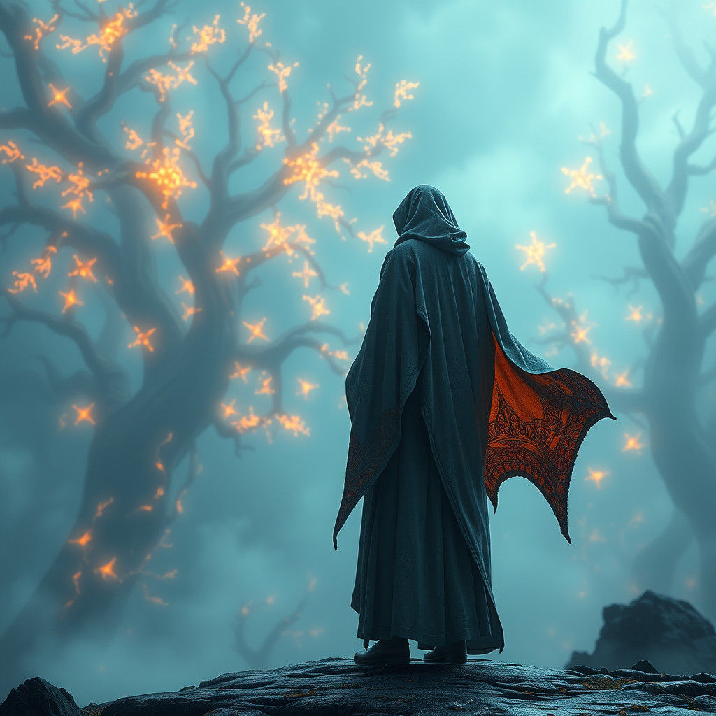 Mystical Realm: A Lone Figure in Fantasy Art Style