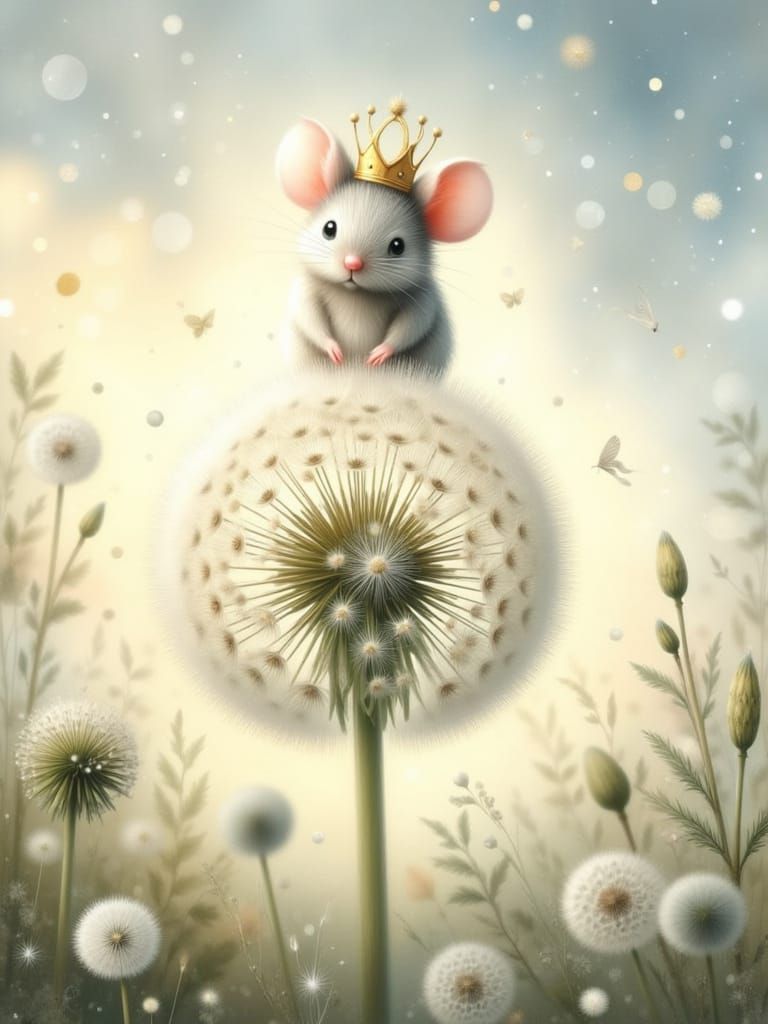 Mouse King on Giant Dandelion in Pastel Sky