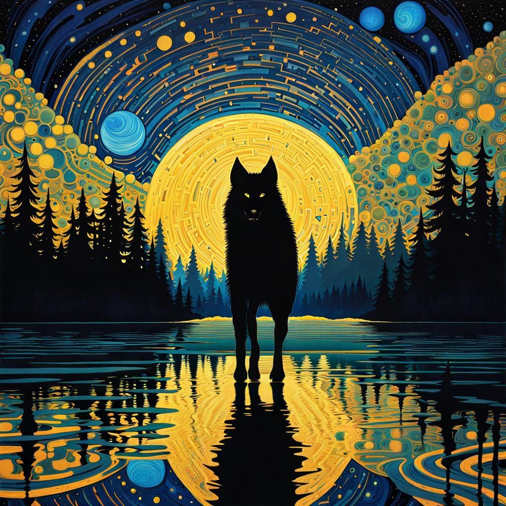 Werewolf Silhouette Reflected in Lake, Iridescent Ink Art