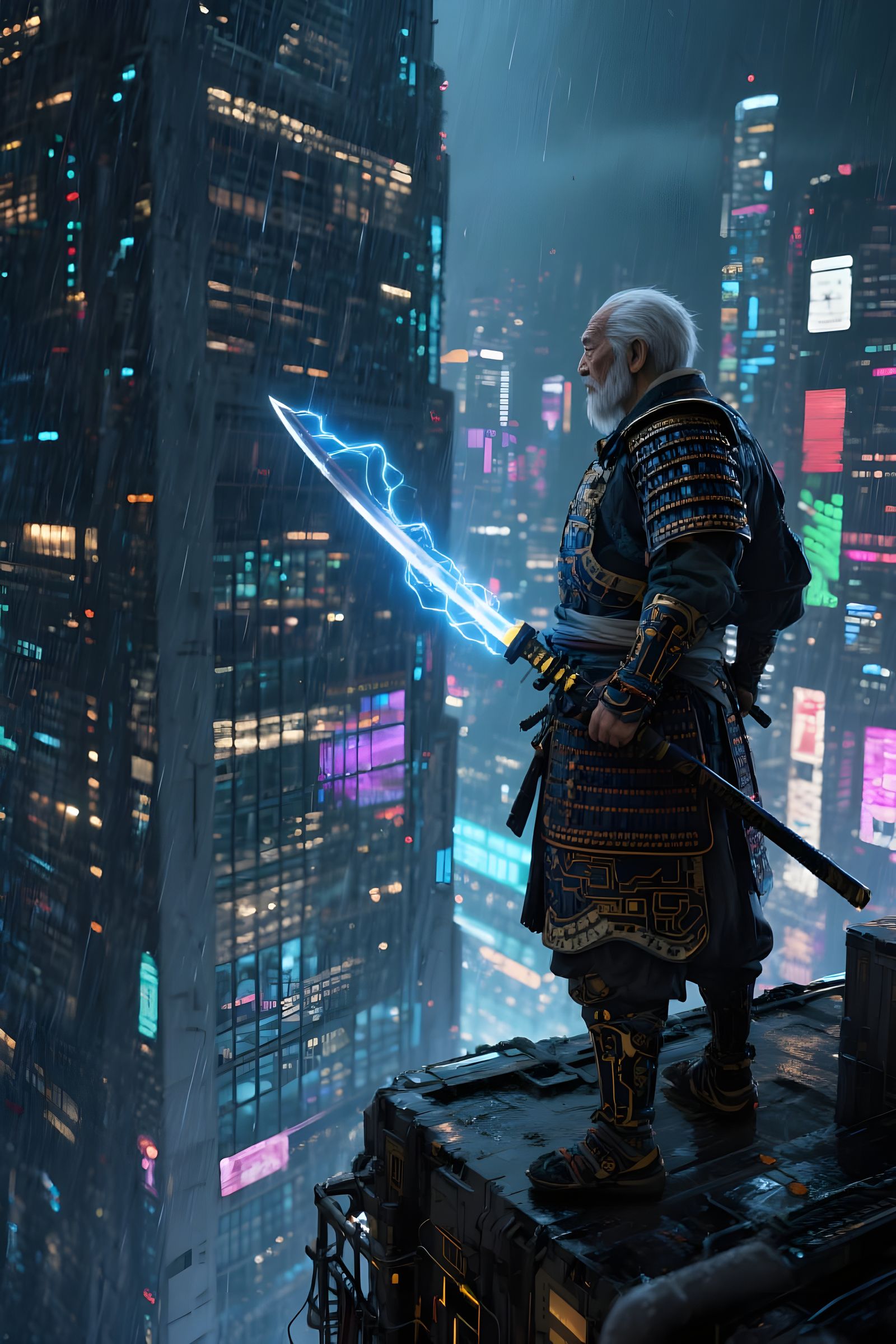 Samurai in Cyberpunk Tokyo Film Still