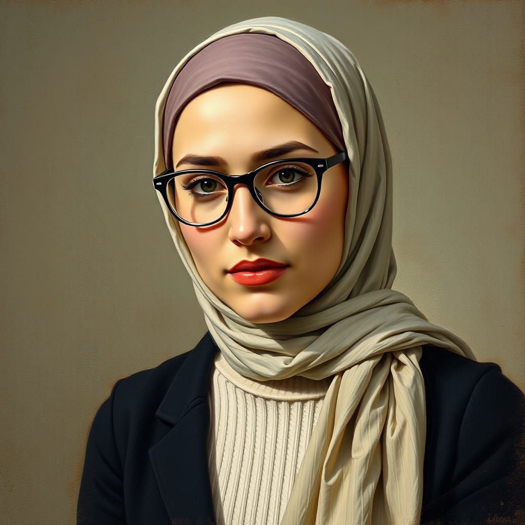 Elegant Portrait of Woman in Hijab, Oil Painting Style