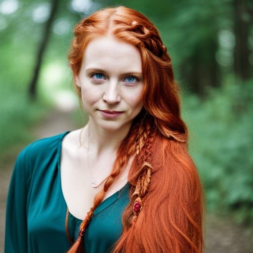 Red-Haired Woman in Forest Green Dress