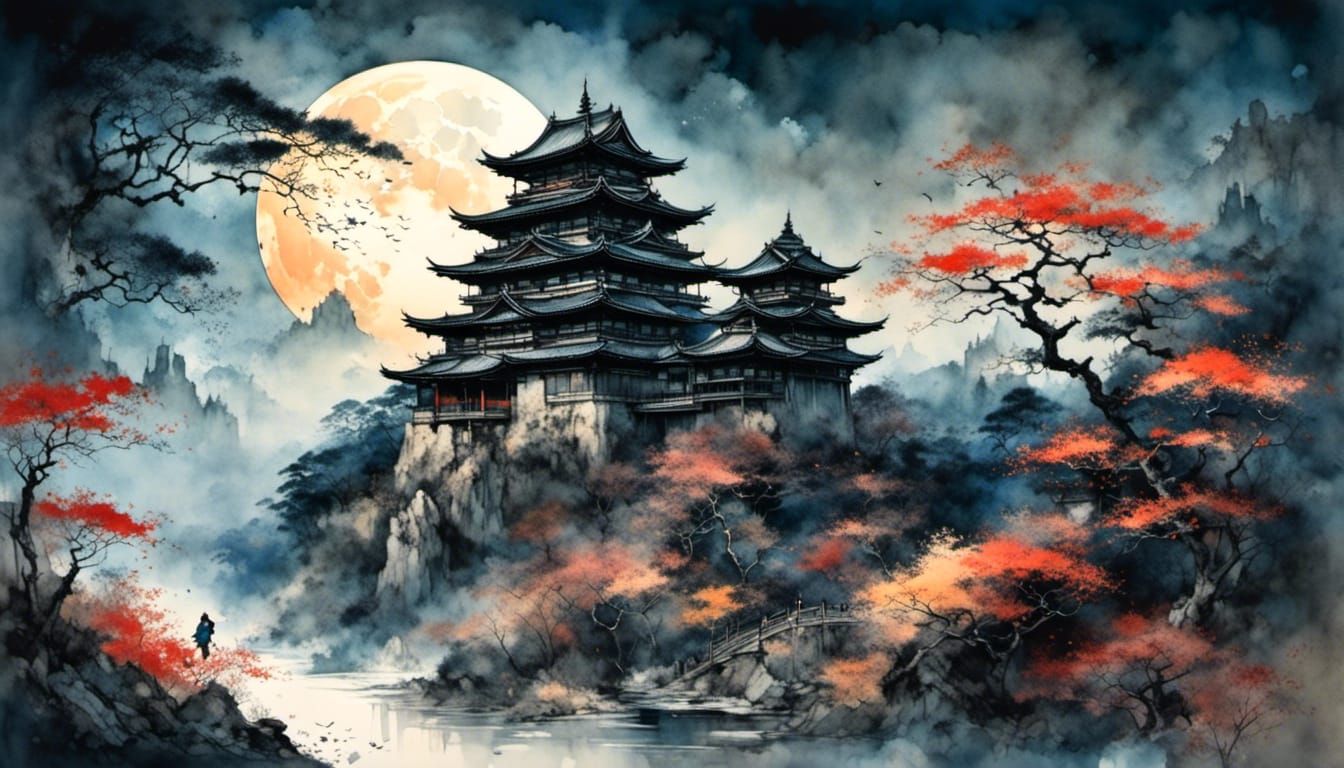 Surreal Ninja Silhouette on a Japanese Castle at Night