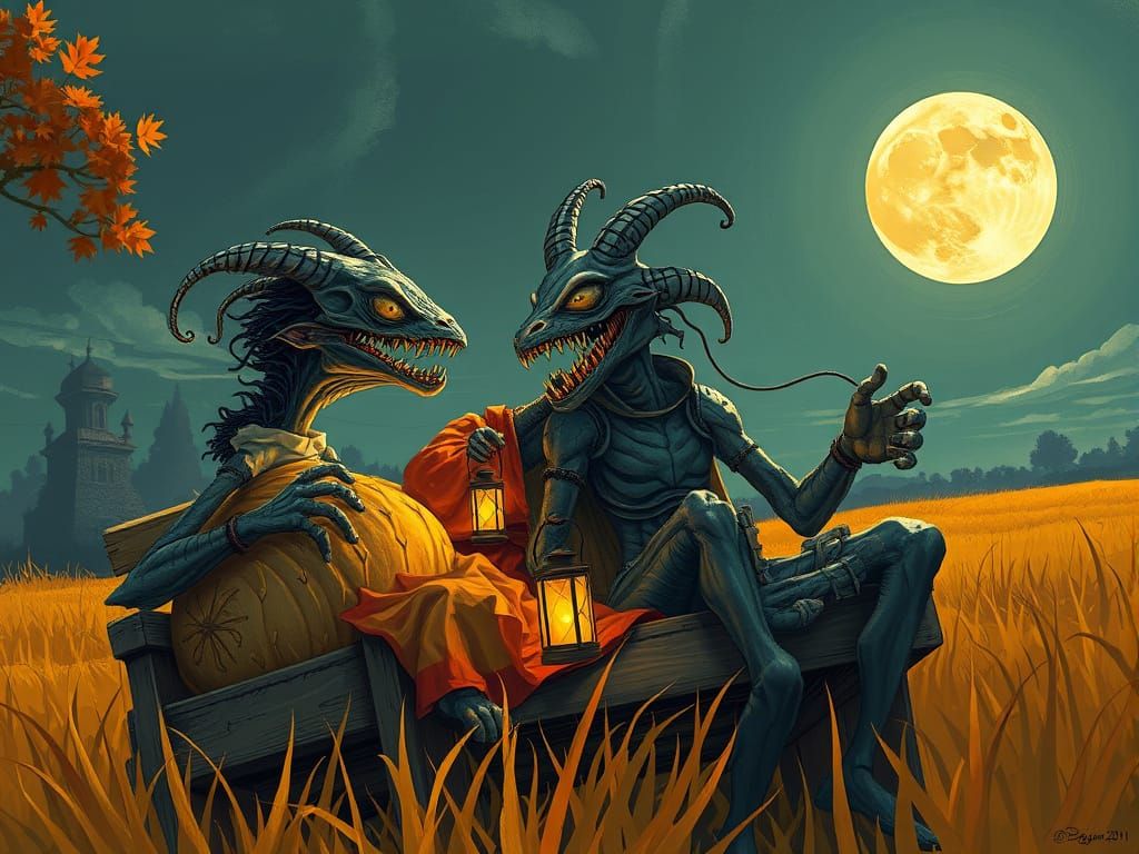 Cryptid Monsters Romantic Date Night in Surreal Style