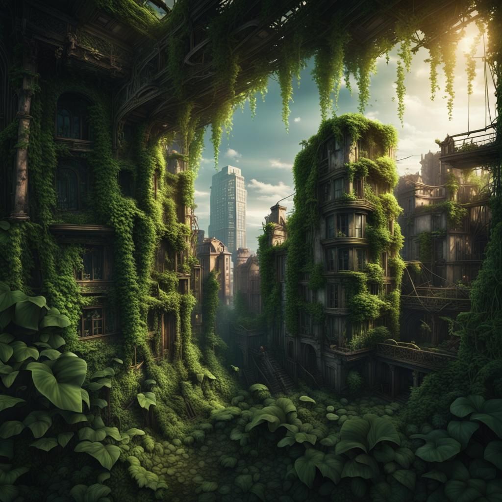 Lush Vines Envelop Overgrown City Ruins