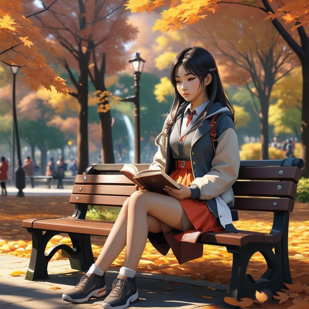 Anime Style Asian Girl Reading Book in Park
