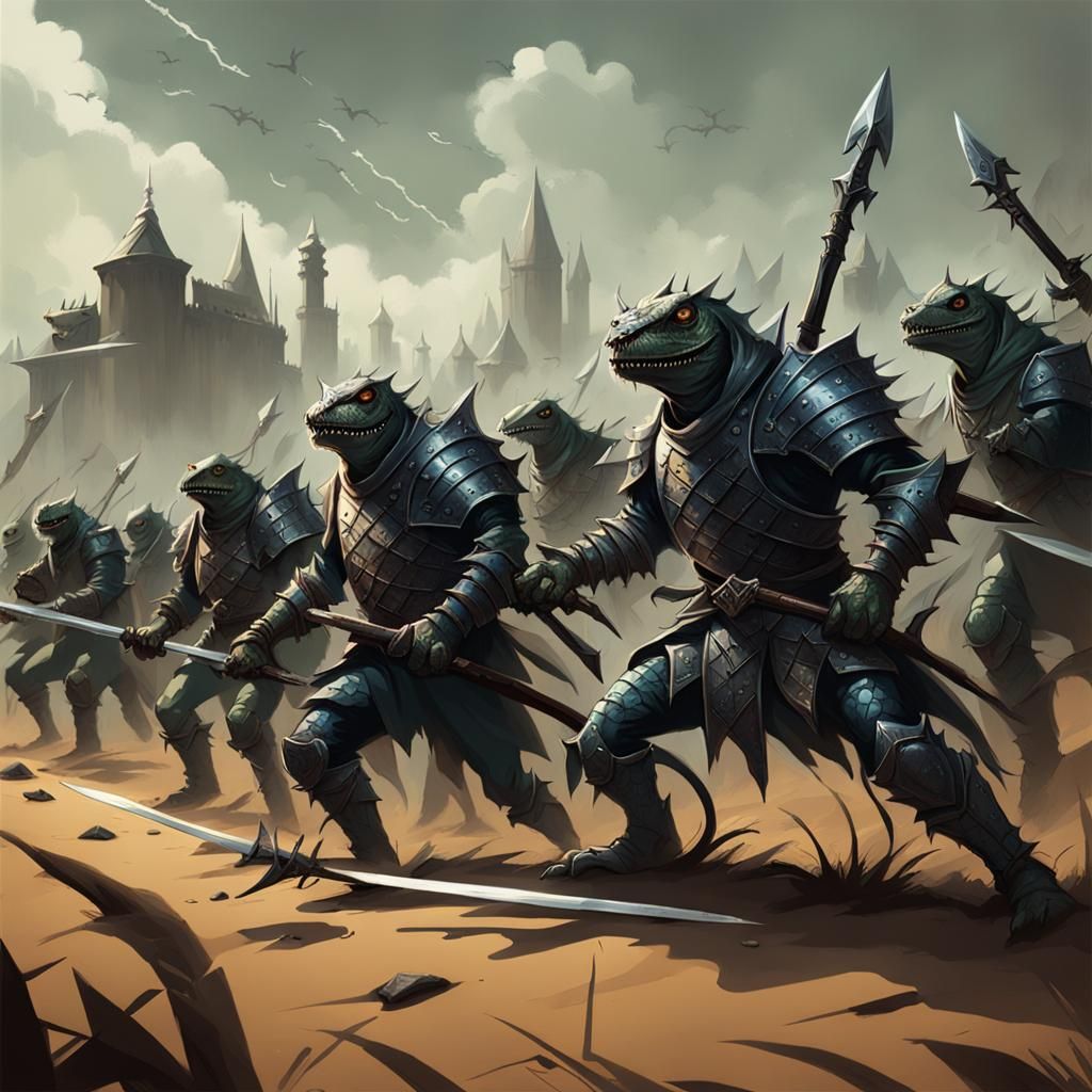 Sinister Lizard Warrior Army with Swords and Armor