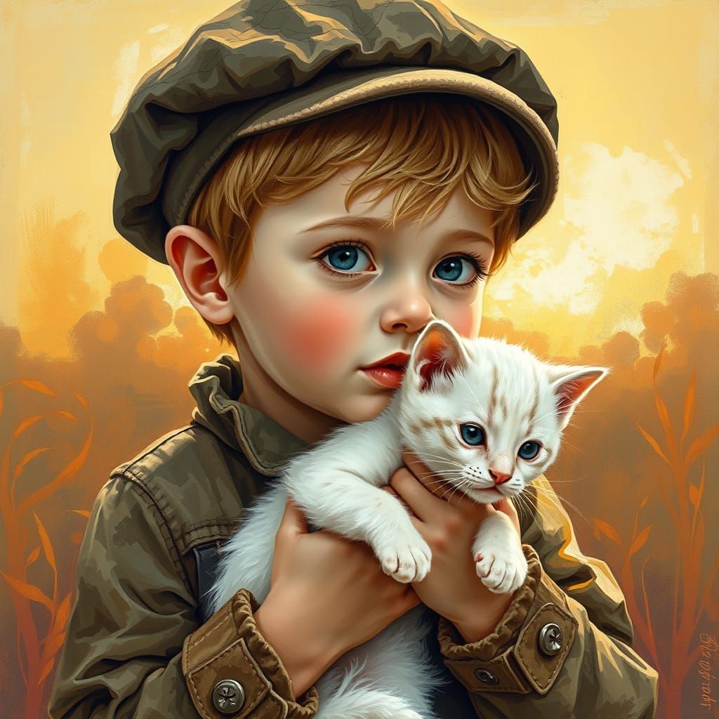 Boy with Kitten: Vintage Art with Expressive Brushstrokes