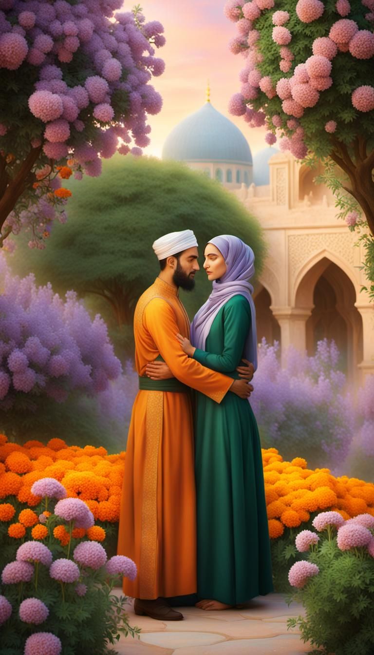 Muslims Embrace in Garden with Impressionistic Brushstrokes