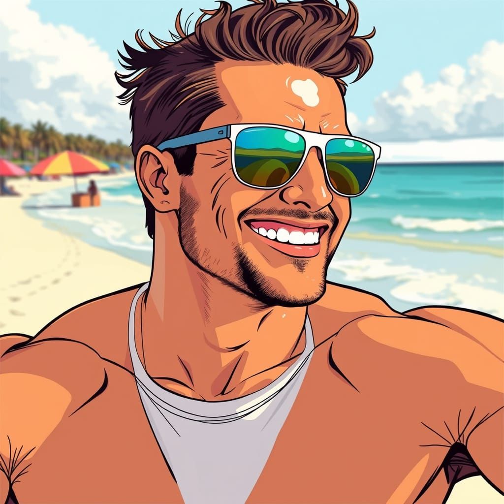Tanned Muscular Man on Beach in Dynamic Style