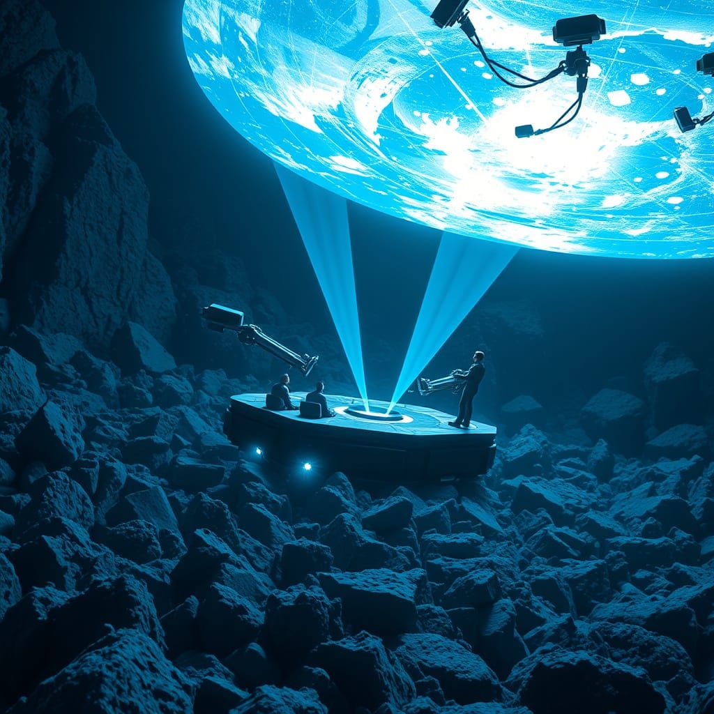 AI Research Ship Scans Asteroid Field in Cinematic Style