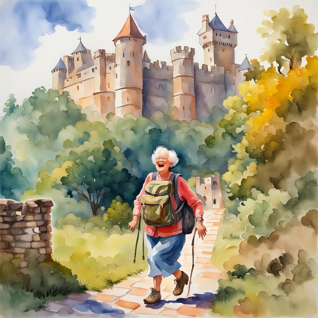 Laughing Hiker by Castle: Impressionist Watercolor Painting