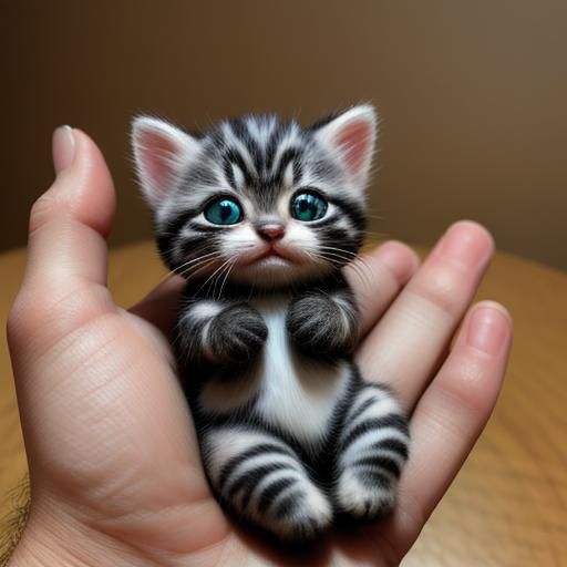 Microscopic Kitten Resting on Human Finger