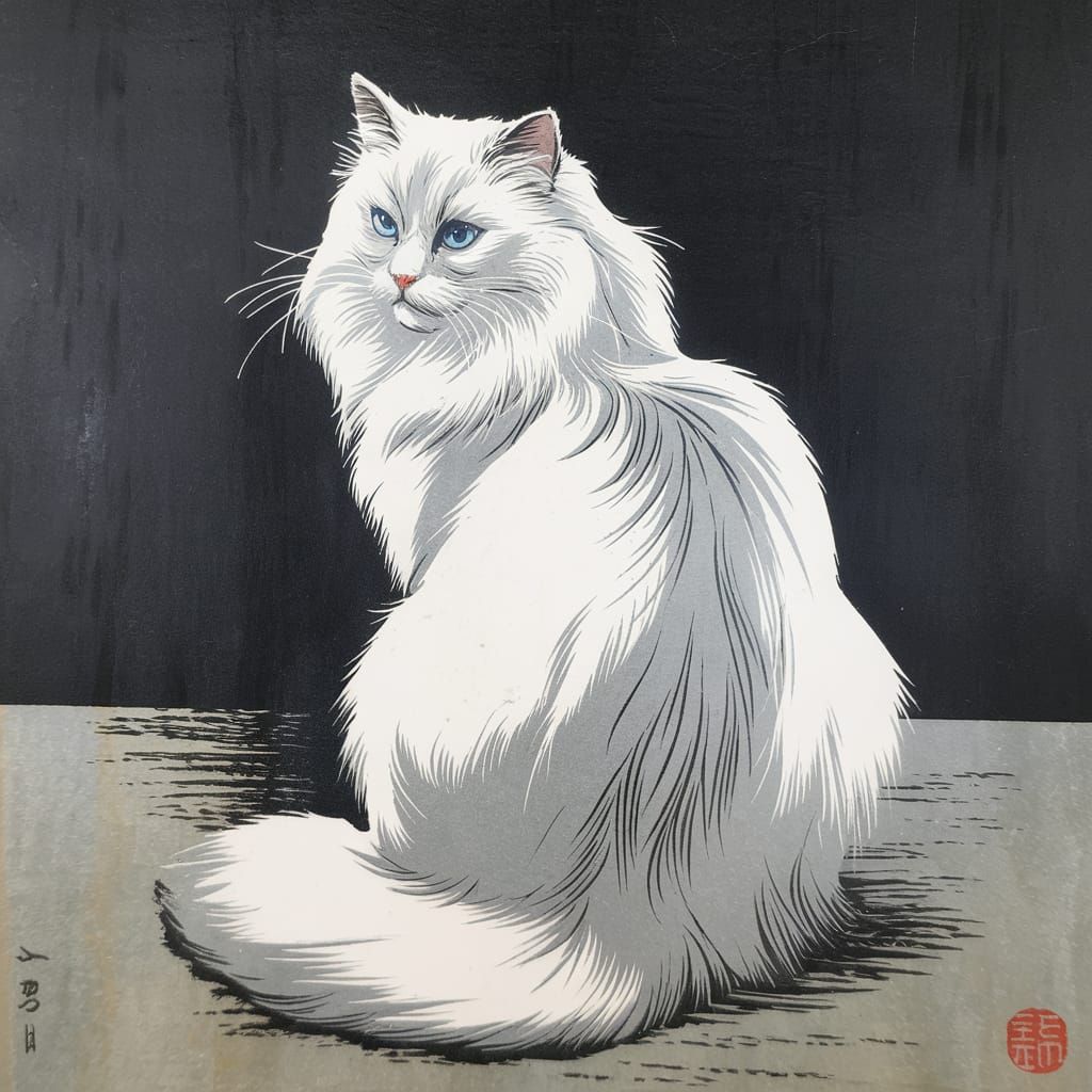 Minimalist Japanese Woodblock Print of White Angora Cat