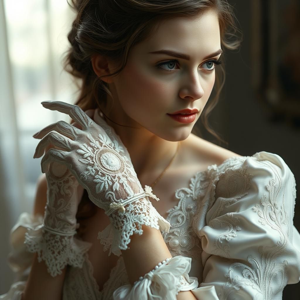 Ethereal Woman in Lace and Silk Gown
