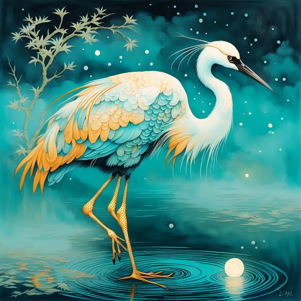 Turquoise Crane in Ethereal Fog with Gold Threads