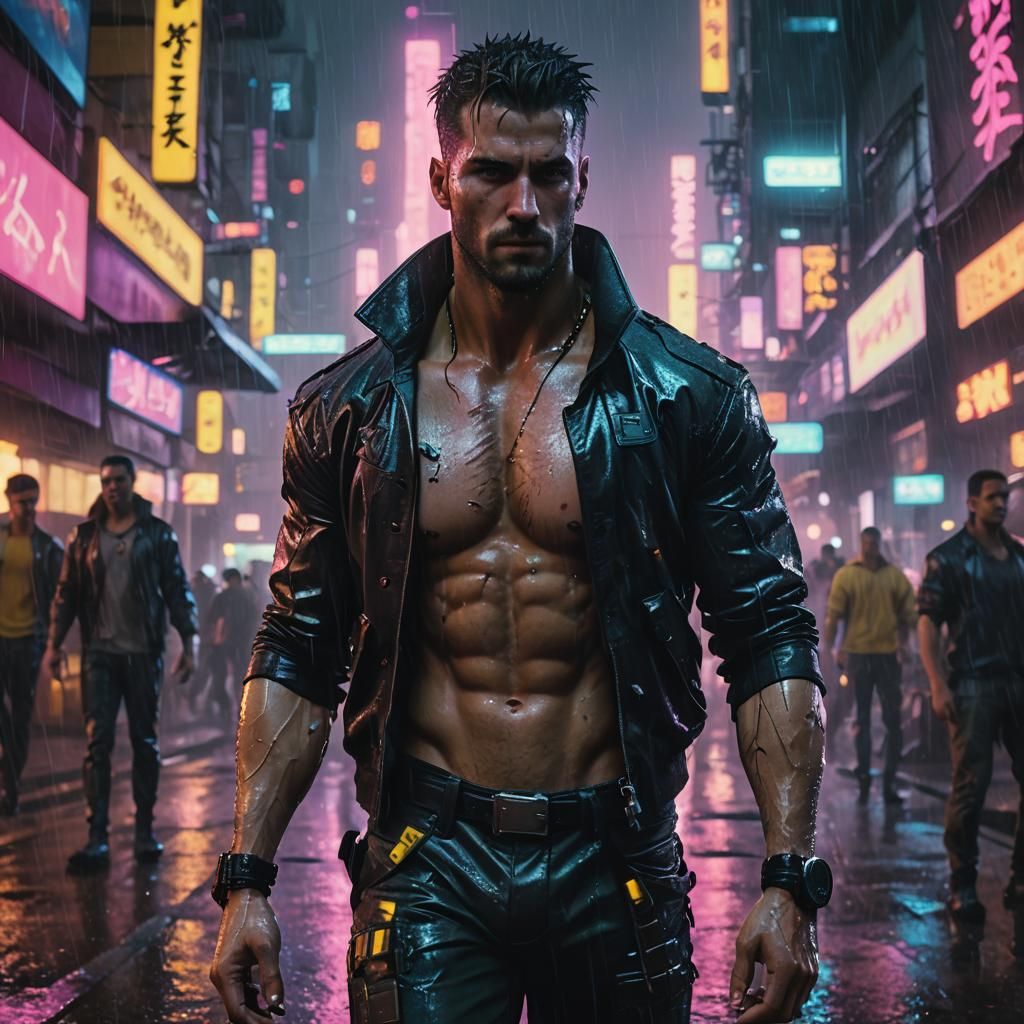 Cyberpunk Anime Character in Rainy Cityscape