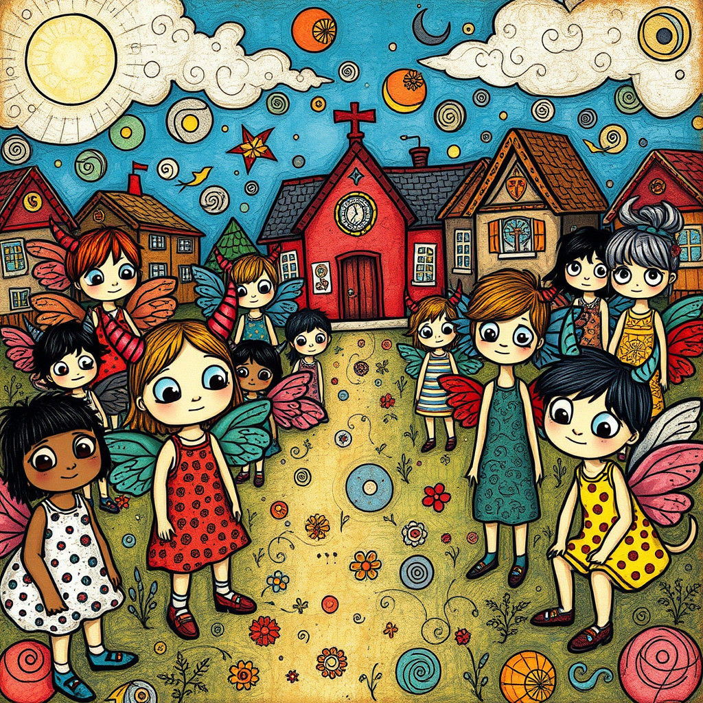 Whimsical Schoolyard Scene in Zen Doodle Style