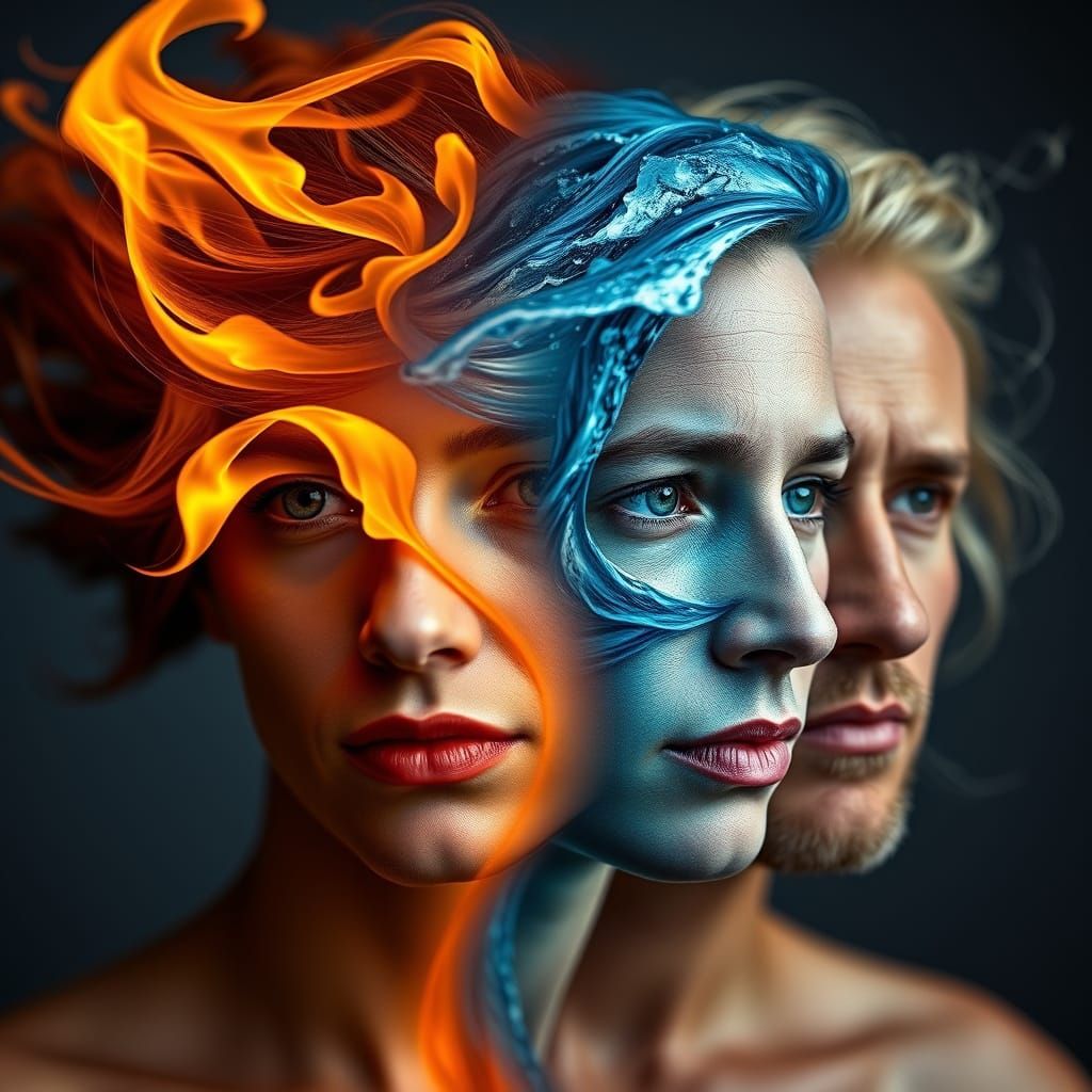 Four Human Heads Unite the Classical Elements in Vibrant, Im...