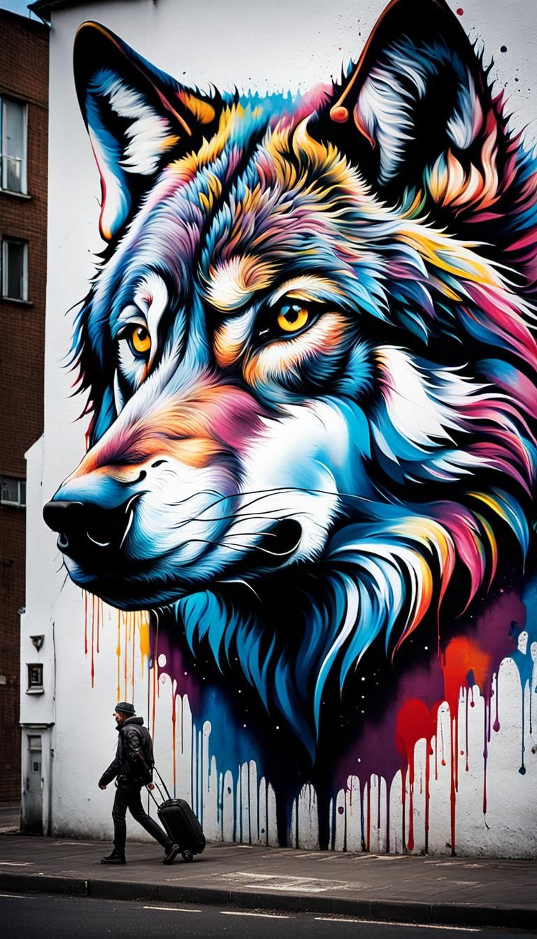 Wolf in Cityscape Graffiti Art