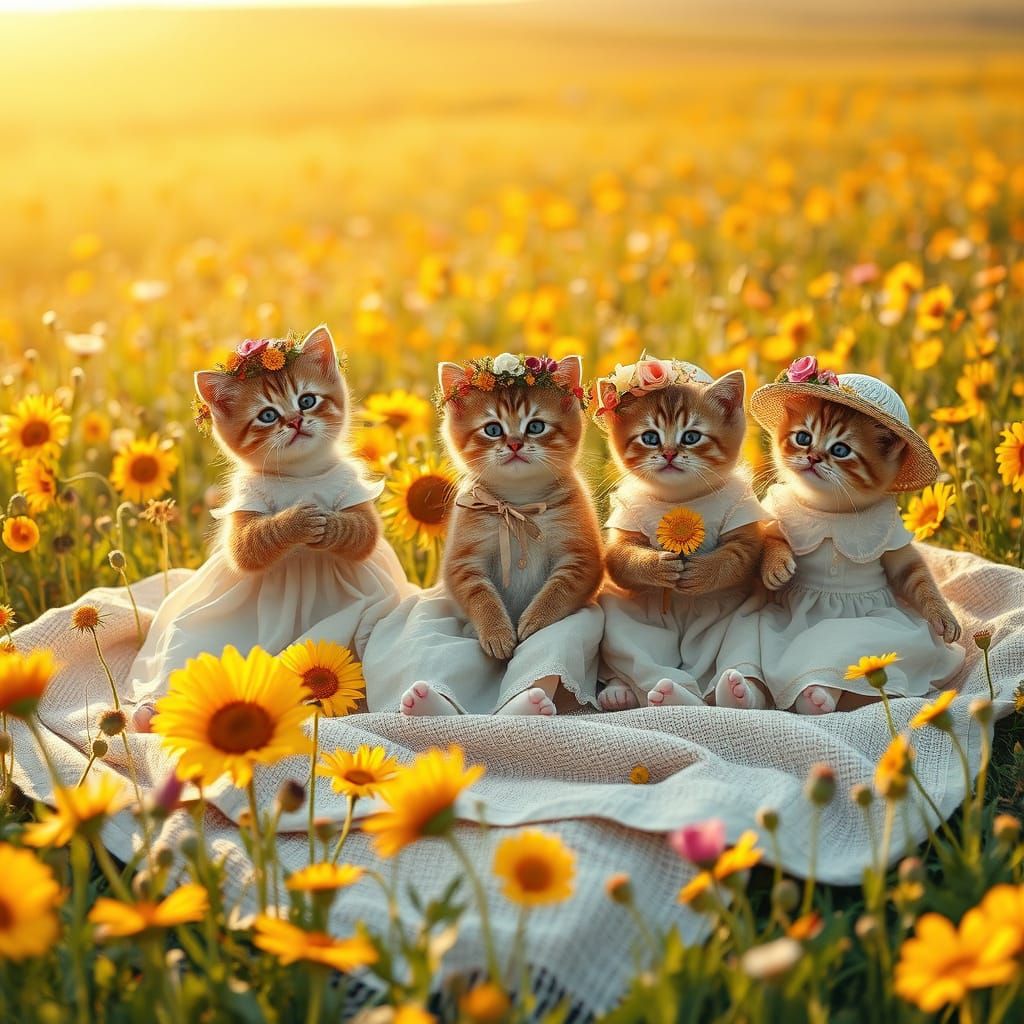 Peaceful Cats in a Wildflower Field